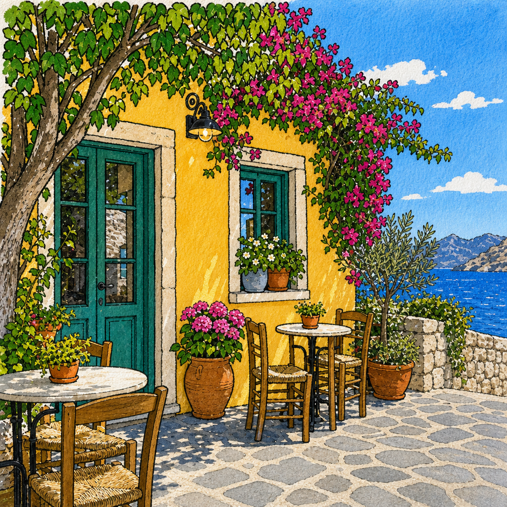 Hand-painted illustration generated from the same seaside café image