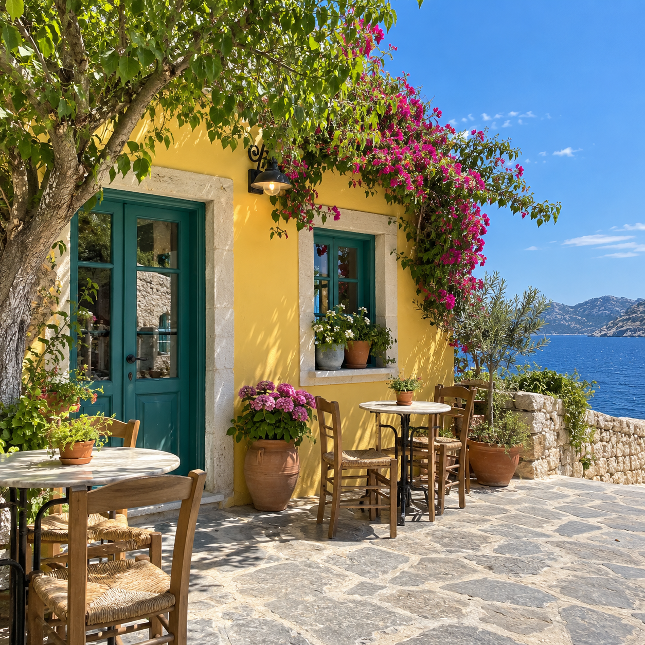 Synthetic photograph of a small seaside café before illustration